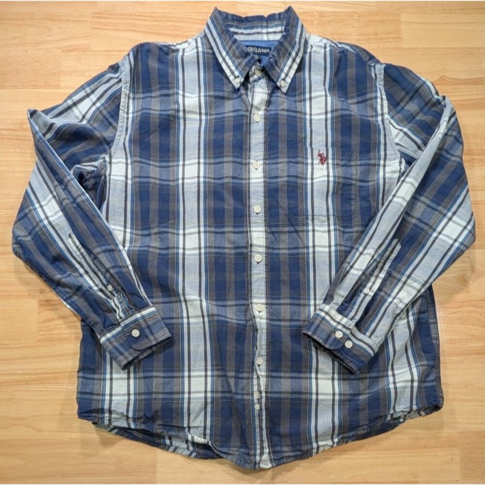 US Polo Assn Shirt Mens XL Plaid Button Down Long Sleeve Blue Gray Cotton Casual